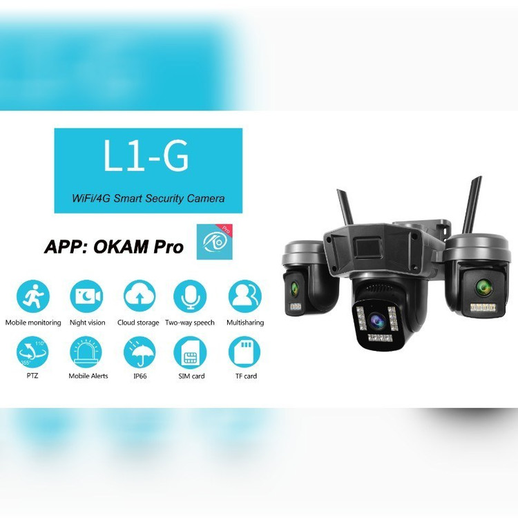 دوربین مداربسته تحت شبکه فضای باز مدل L1-OKAM با سه لنز همزمان، اتصال سیمکارت 4G، دید در شب رنگی، تشخیص انسان هوشمند، باتری داخلی و استاندارد IP66